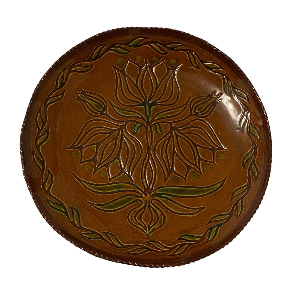 Handcrafted Pottery Plate,  Floral Design 9.25” Diameter 1991 signed and stamped